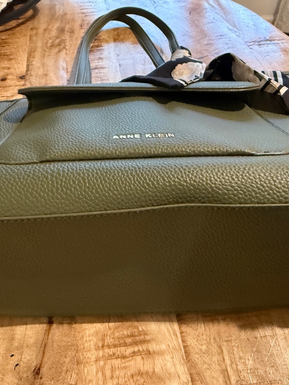 Anne Klein Olive Pebbled  Tote with Floral Scarf Accent
